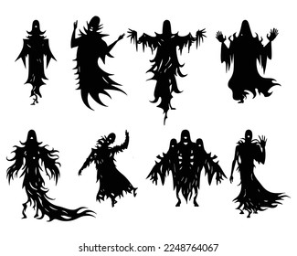 Halloween evil spirit silhouette. Scary nightmare ghost characters, spooky phantom demons mascots set. Torn Clothes ghost silhouettes