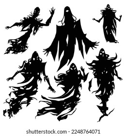 Halloween evil spirit silhouette. Scary nightmare ghost characters, spooky phantom demons mascots set. Torn Clothes ghost silhouettes