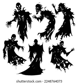 Halloween evil spirit silhouette. Scary nightmare ghost characters, spooky phantom demons mascots set. Torn Clothes ghost silhouettes