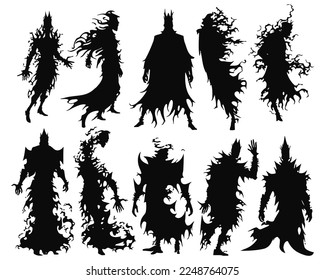 Halloween evil spirit silhouette. Scary nightmare ghost characters, spooky phantom demons mascots set. Torn Clothes ghost silhouettes