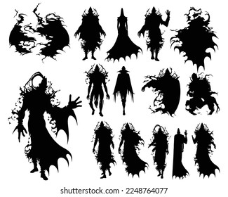 Halloween evil spirit silhouette. Scary nightmare ghost characters, spooky phantom demons mascots set. Torn Clothes ghost silhouettes