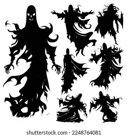 Halloween evil spirit silhouette. Scary nightmare ghost characters, spooky phantom demons mascots set. Torn Clothes ghost silhouettes