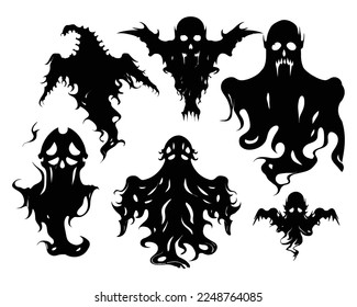 Halloween evil spirit silhouette. Scary nightmare ghost characters, spooky phantom demons mascots set. Torn Clothes ghost silhouettes