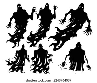 Halloween evil spirit silhouette. Scary nightmare ghost characters, spooky phantom demons mascots set. Torn Clothes ghost silhouettes