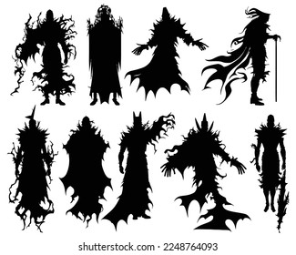 Halloween evil spirit silhouette. Scary nightmare ghost characters, spooky phantom demons mascots set. Torn Clothes ghost silhouettes