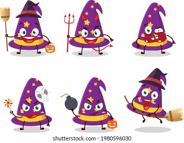 Halloween expression emoticons with cartoon character of wizard hat