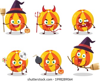 Halloween-Ausdrucke Emoticons mit Cartoon-Charakter von gelbem Beachball. Vektorgrafik