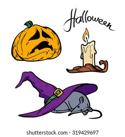 Halloween expression vector illustration icon set with sleeping mouse and sad pumpkin