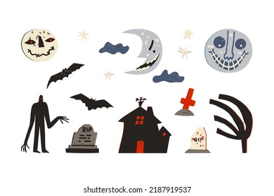 Halloween exterior clipart set. Spooky monster, graves, scary empty ghost house, crescent and zombie, undead moon characters with creepy smiles, flying bats. Vector hand-drawn collection.
