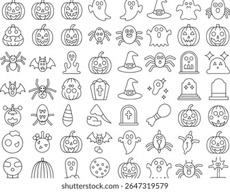 Halloween Extravaganza Um Padrão de Arte Linha Festiva Transbordando com Abóboras Assustadoras Fantasmas Morcegos Aranhas e outros Ícones Eerie