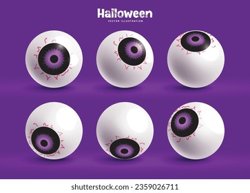 Diseño de conjunto de vectores de bola ocular de Halloween. Colección de terror de globo ocular de Halloween aislada en fondo morado para elementos de disfraces de mascota de horror. Elementos de colección de pestañas de ilustración de vector.