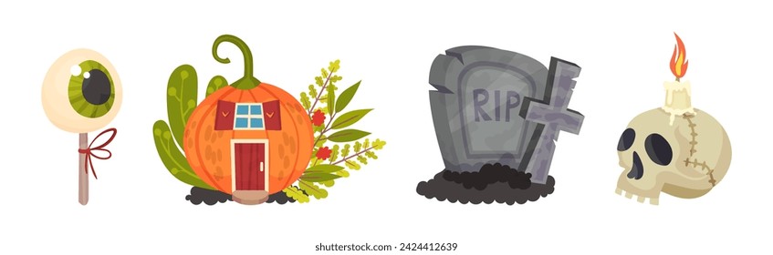 Halloween with Eye Candy, Pumpkin House, Tomb and Skull Vector Set