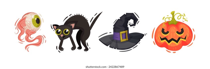 Halloween with Eye, Cat, Witch Hat and Pumpkin Vector Set