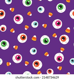 Halloween eyeball and candy seamless cute pattern. For backdrop, wrapping paper, fabric, wallpaper. fashion prints. Printing with in hand drawn style Pastel background.