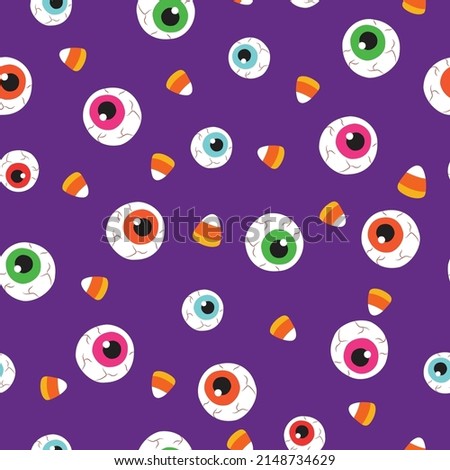 Halloween eyeball and candy seamless cute pattern. For backdrop, wrapping paper, fabric, wallpaper. fashion prints. Printing with in hand drawn style Pastel background.