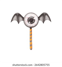 Halloween Eyeball Lollipop with Bat Wings – Watercolor Clipart.Cute and spooky eyeball lollipop with bat wings in watercolor style. Transparent background. Ideal for party decor, sticker packs
