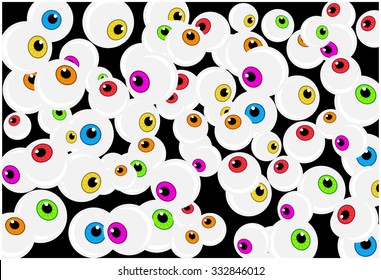 Halloween eyeball vector background. Colorful cartoon pupil, eye illustration on black background.