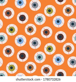 Halloween eyeballs polka dots seamless vector pattern. Spooky surface print design for fabrics, textiles, stationry, party invitations, backgrounds, and seasonal packaging.