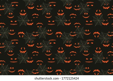 Halloween face in cobweb seamless pattern. Spooky jack vector hand drawn illustration  for print design, fabric, textile, wallpaper, wrapping paper.