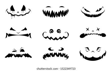 Halloween face icon set. Pumpkin black silhouette. Monochrome flat design symbol collection. Vector illustration