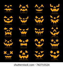 Halloween face icon set. Pumpkin color silhouette with reflection. Monochrome flat design symbol collection. Simple graphic pictogram pack. Web, banner, card, print, logo concept. Vector illustration