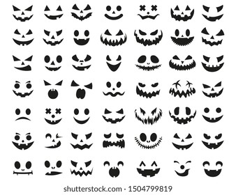 Halloween Face Icon Set. Spooky Pumpkin Smile On White Background.  Design For The Holiday Halloween. Vector Illustration.