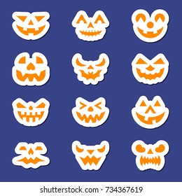 Halloween face icon sticker set. Flat style color badges for web, banner, emblem, logo. Element collection for print, fashion patch, tag, label, poster. Patchwork scrapbook design. Vector illustration