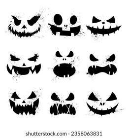 Halloween face icons set. Creepy pumpkin smile on white background. Design for Halloween holiday. Black scary, funny and horror faces of Halloween pumpkin or ghost. Vector illustration.