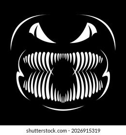 Halloween. The face of the monster on a black background. A monster with very sharp fangs. Many teeth. Vector