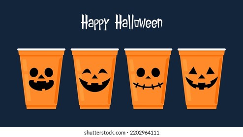 Halloween face on plastic cup. Party cup isolated. background, vector illustration. Halloween beer cup vector. Beer pong. Halloween face on plastic cup.