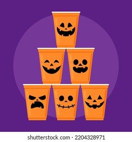 Halloween face on plastic cup. Party cup isolated. background, vector illustration. Halloween beer cup vector. Beer pong. Halloween face on plastic cup.