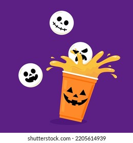 Halloween face on plastic cup. Party cup isolated. background, vector illustration. Halloween beer cup vector. Beer pong. Halloween face on plastic cup.