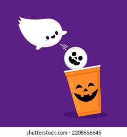 Halloween face on plastic cup. Party cup isolated. background, vector illustration. Halloween beer cup vector. Beer pong. Halloween face on plastic cup. Cute ghost cartoon vector.