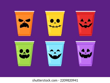 Cara de Halloween en taza de plástico. La copa de fiesta aislada. fondo, ilustración vectorial. Vector de taza de cerveza de Halloween. Pong de cerveza. Cara de Halloween en taza de plástico.