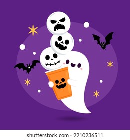 Halloween face on plastic cup. Party cup isolated. background, vector illustration. Halloween beer cup vector. Beer pong. Halloween face on plastic cup. Cute ghost cartoon vector.