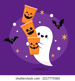 Halloween face on plastic cup. Party cup isolated. background, vector illustration. Halloween beer cup vector. Beer pong. Halloween face on plastic cup. Cute ghost cartoon vector.
