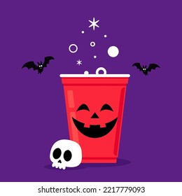 Halloween face on plastic cup. Party cup isolated. background, vector illustration. Halloween beer cup vector. Beer pong. Halloween face on plastic cup.