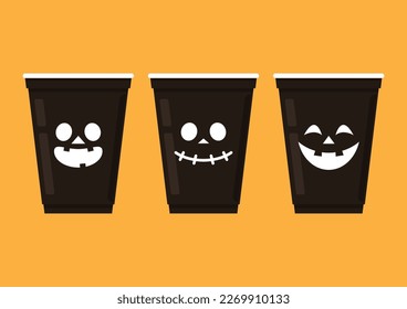 Halloween face on plastic cup. Party cup isolated. background, vector illustration. Halloween beer cup vector. Beer pong. Halloween face on plastic cup.