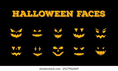 Halloween face set. Spooky monster face isolated Halloween clipart. Pumpkin lantern faces.