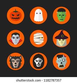 Halloween faces characters like Dracula, zombie, werewolf, witch, mummy, pumpkin head and etc. With the orange circles layers and black background.