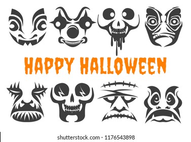 Halloween faces. Evil scary devils or ghost face silhouettes for pumpkins or jack lantern, vector illustration