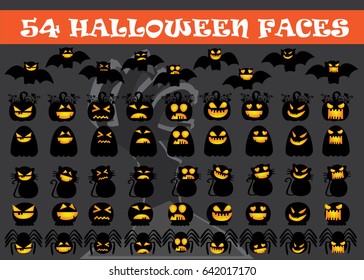 Halloween Faces including bat, pumpkin, ghost,skull, cat and spider