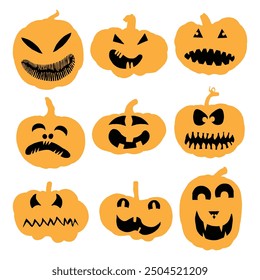Halloween faces and pumpkins icon set. Spooky orange pumpkin smiles on white background. Emotional pumpkin face gestures for Halloween holiday and design decoration. Vector.