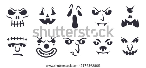 Halloween faces stencil. Ghostly freak face carving\
for pumpkin lantern, creepy eyes evil vampire dracula or goblin\
smile ghoul silhouette template, ingenious vector illustration of\
halloween ghoul