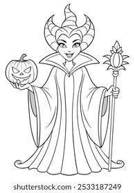 Halloween fairy coloring page with a magical character holding a pumpkin and staff