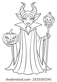 Halloween fairy with horns, staff, and pumpkin, perfect for kids' coloring activities
