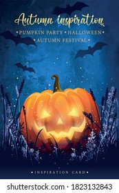 Halloween fairytale poster with pumpkin on the background of the night sky. Party Invitation.