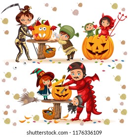 Halloween family colorful set vector illustration. Mother and father with children dressed in mystery costumes of dragon death witch devil and shrek. Horror party concept. svg