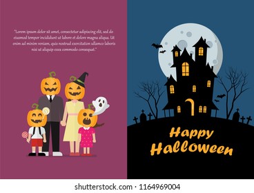 Halloween family and haunted house greeting card. Vector illustration