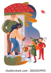 Halloween family holiday vector illustration. Cartoon happy father mother characters greet children wearing witch, evil costumes with treat in pumpkin basket on autumn background with falling leaves